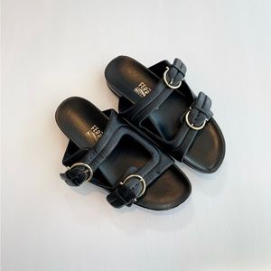 Salvatore Ferragamo leather double buckle gold hardware slip on sandals slides
